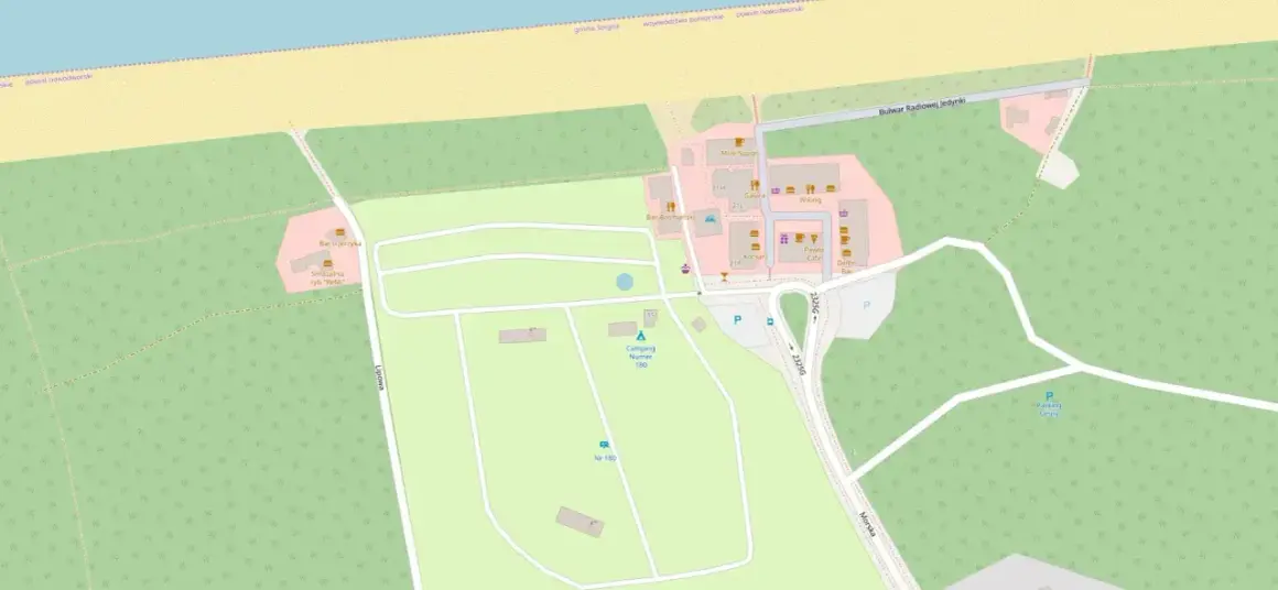 Mapa terenu z zaznaczonym campingiem numer 180 w gminie Stegna. W pobliżu bary i smażalnie.