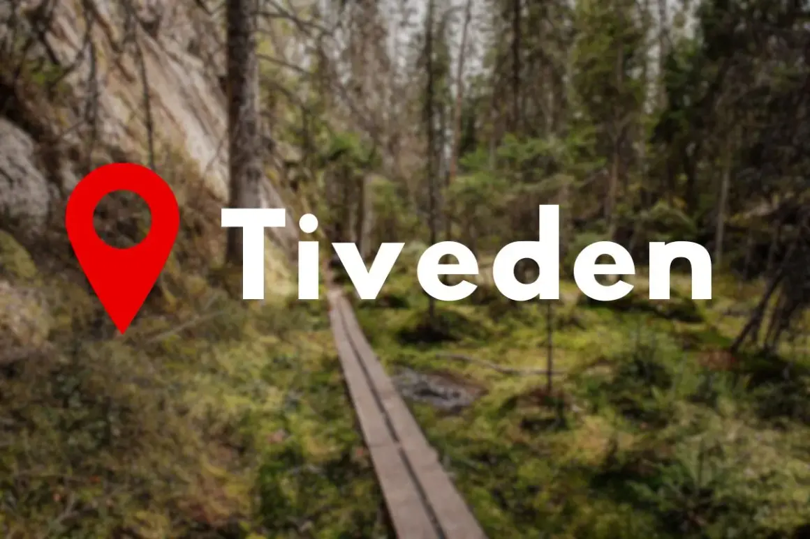 En röd platsmarkör pekar mot texten "Tiveden" över en träspång i en mossig skog. Perfekt för tiveden boende.