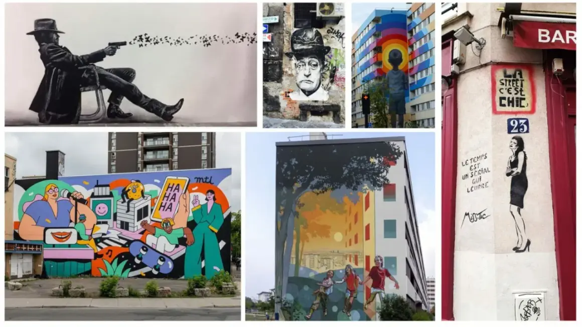 Collage de street art à Lille : un homme tirant des oiseaux, un portrait, un enfant devant un arc-en-ciel, une fresque colorée et une femme stylisée.