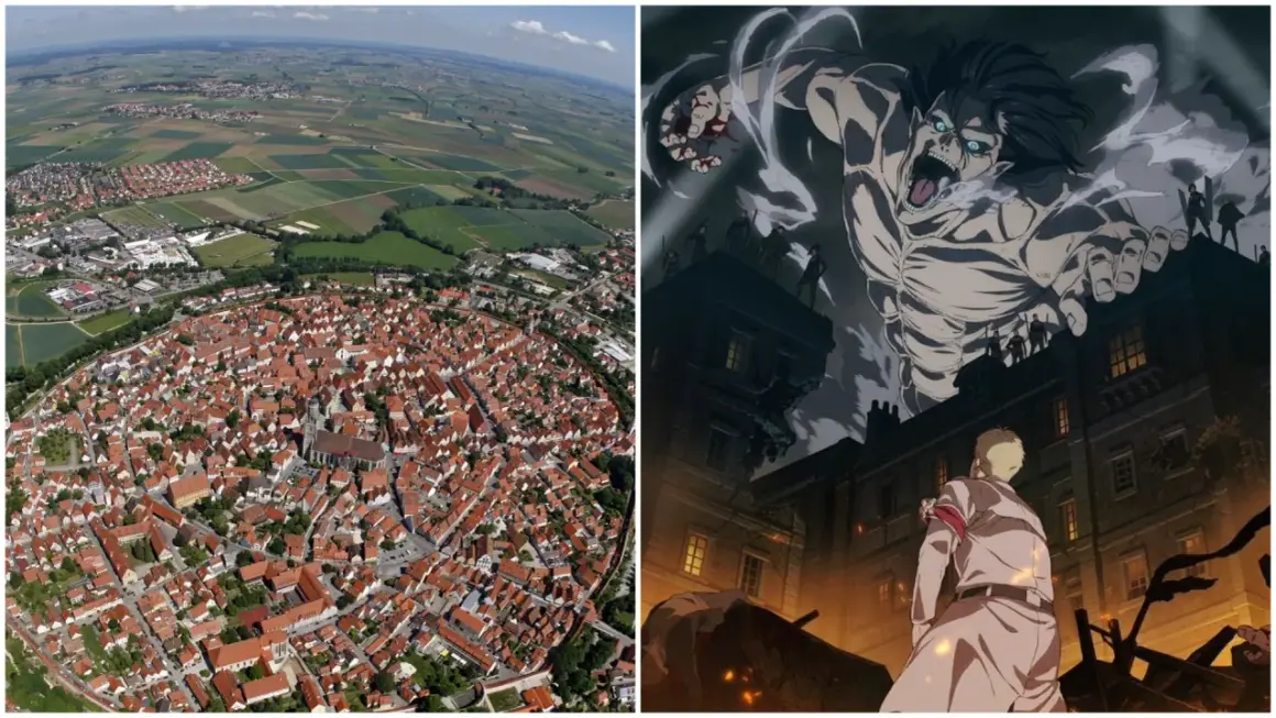 Luftaufnahme einer Stadt mit roten Dächern und einem riesigen Titanen, der über Gebäude ragt. Hier spielt Attack on Titan.