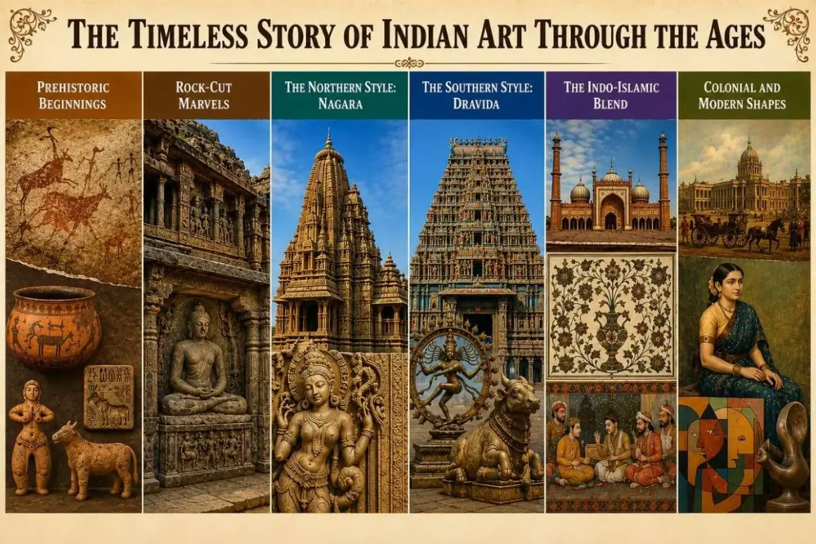 A collage showcasing the evolution of Indian art, from prehistoric cave paintings and pottery to rock-cut marvels, temple architecture, Indo-Islamic designs, and colonial-era portraits.