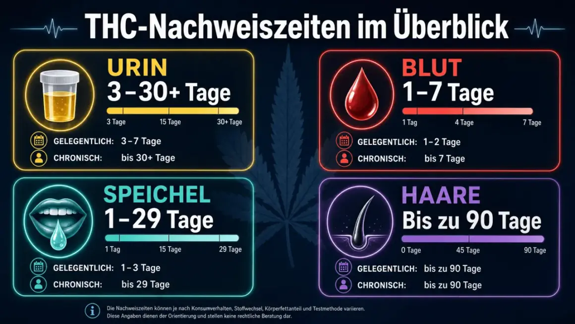 Übersicht über THC-Nachweiszeiten: Blut 1-7 Tage, Urin 3-30+ Tage, Speichel 1-29 Tage, Haare bis 90 Tage.