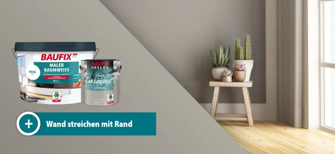 Zwei Eimer Wandfarbe, einer weiß, der andere mit "Farbakzente" beschriftet. Daneben ein Hocker mit Pflanzen. So gelingt das Wand streichen mit Rand.