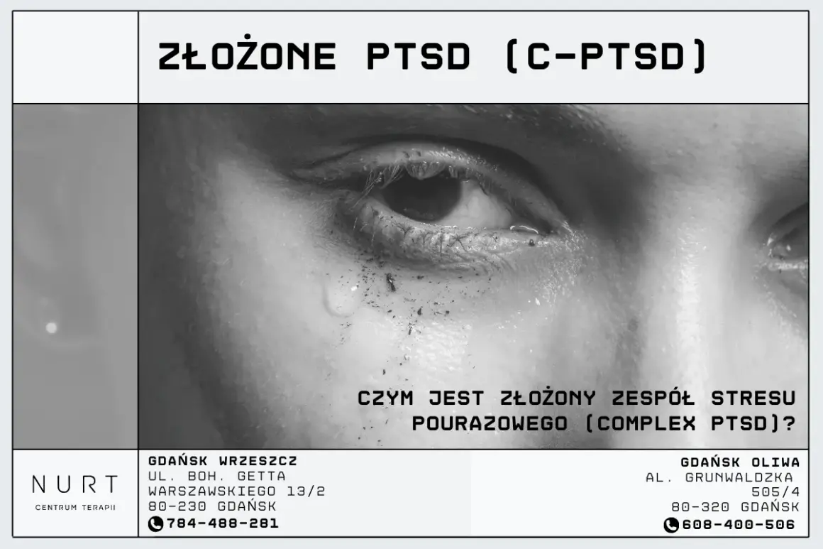 Zbliżenie na zapłakane oko, symbolizujące złożony zespół stresu pourazowego (c-PTSD). Informacje o terapii.