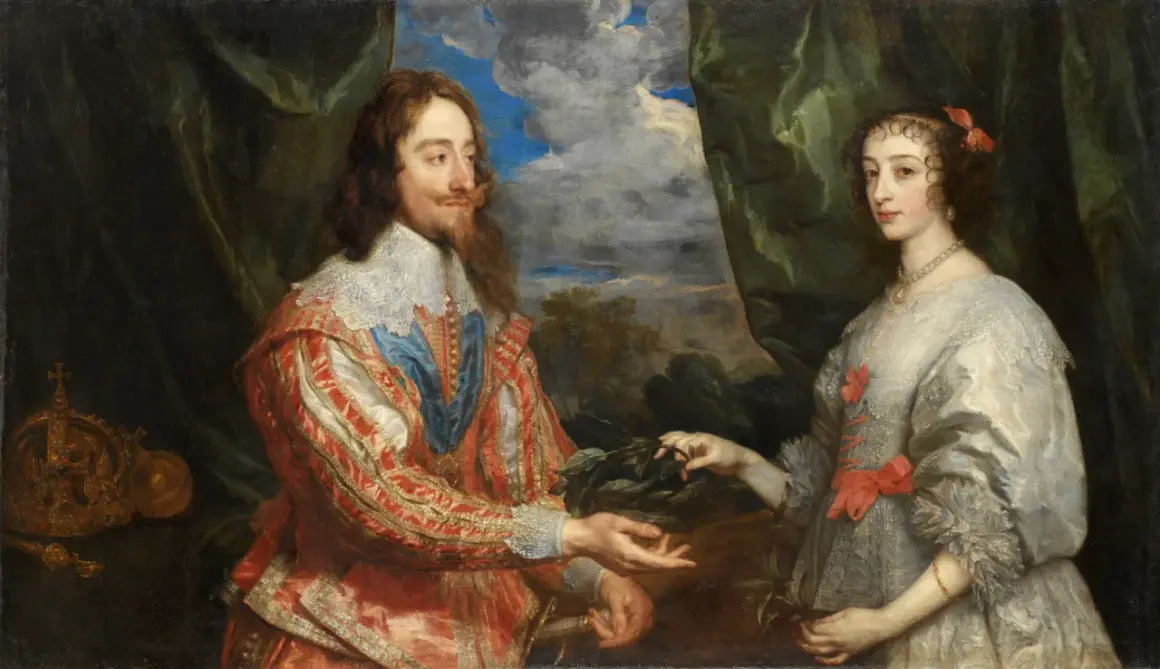 Portret pary królewskiej, wspaniałe dzieła Antoona van Dycka. Król Karol I i królowa Henrietta Maria w bogatych strojach.