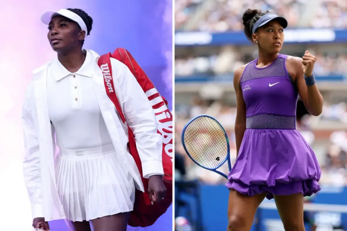 Venus Williams in white, carrying a Wilson bag, and Naomi Osaka in purple, showcasing the ultimate tennis aesthetic.