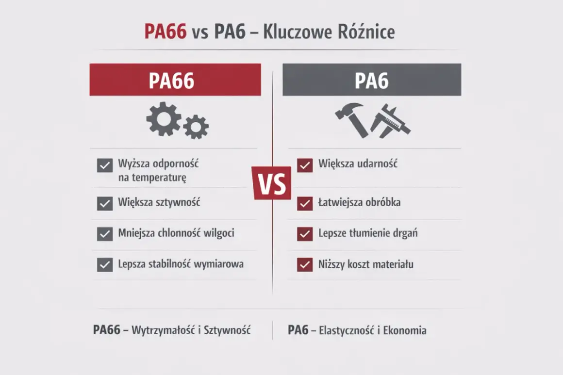Porównanie PA66 i PA6: PA66 ma wyższą odporność na temperaturę i sztywność, PA6 większą udarność i niższy koszt.
