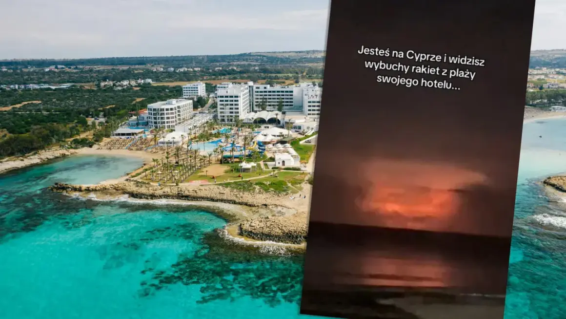 Widok na hotel i plażę na Cyprze, obok zdjęcie z tekstem "Jesteś na Cyprze i widzisz wybuchy rakiet z plaży swojego hotelu...", rodzi pytanie: czy Cypr jest bezpieczny?