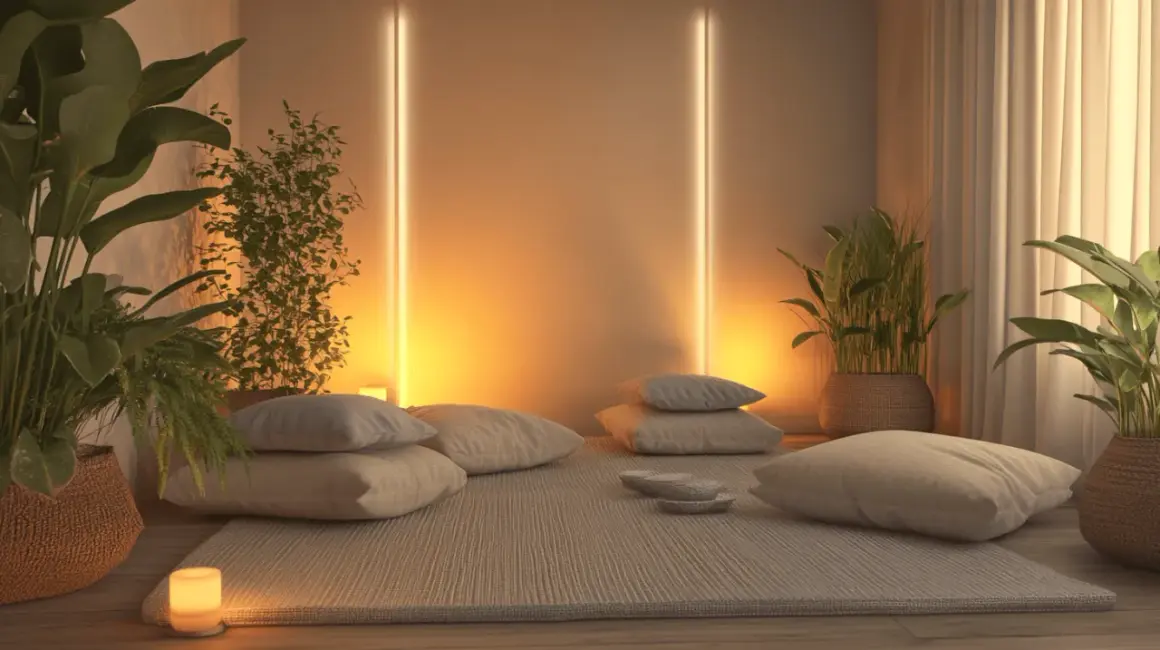 Gemütliche Meditationsraum Ideen: Kissen, Pflanzen und warmes Licht schaffen eine Oase der Ruhe.