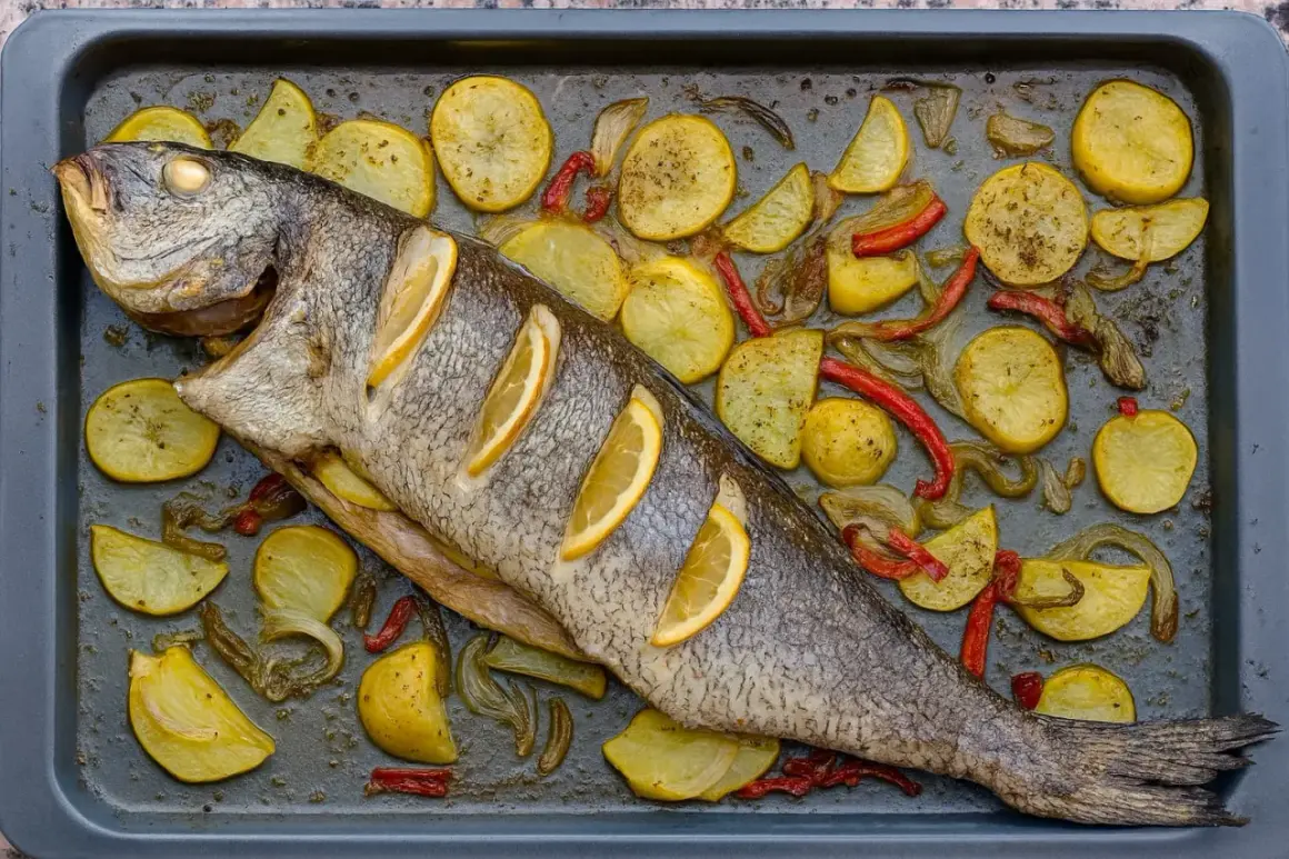 Corvina al horno con patatas, pimientos y rodajas de limón en una bandeja.