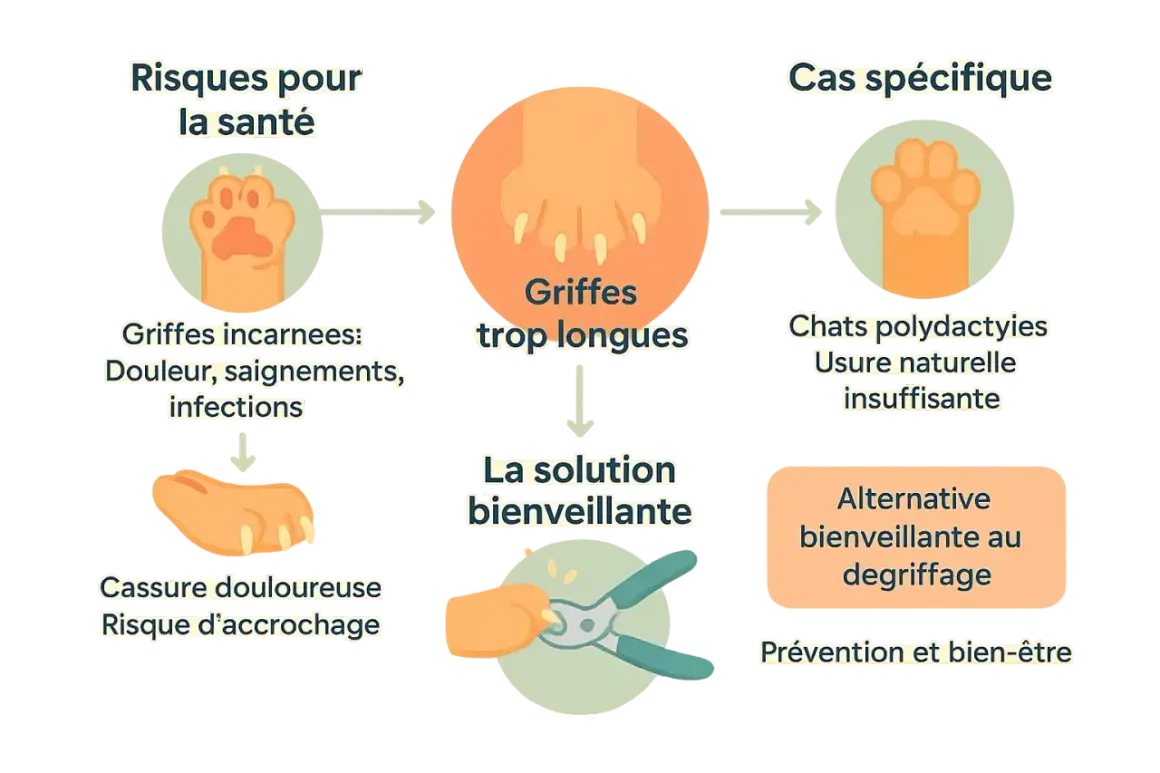 Schéma expliquant les risques des griffes trop longues chez le chat et la solution bienveillante pour couper griffe chat.