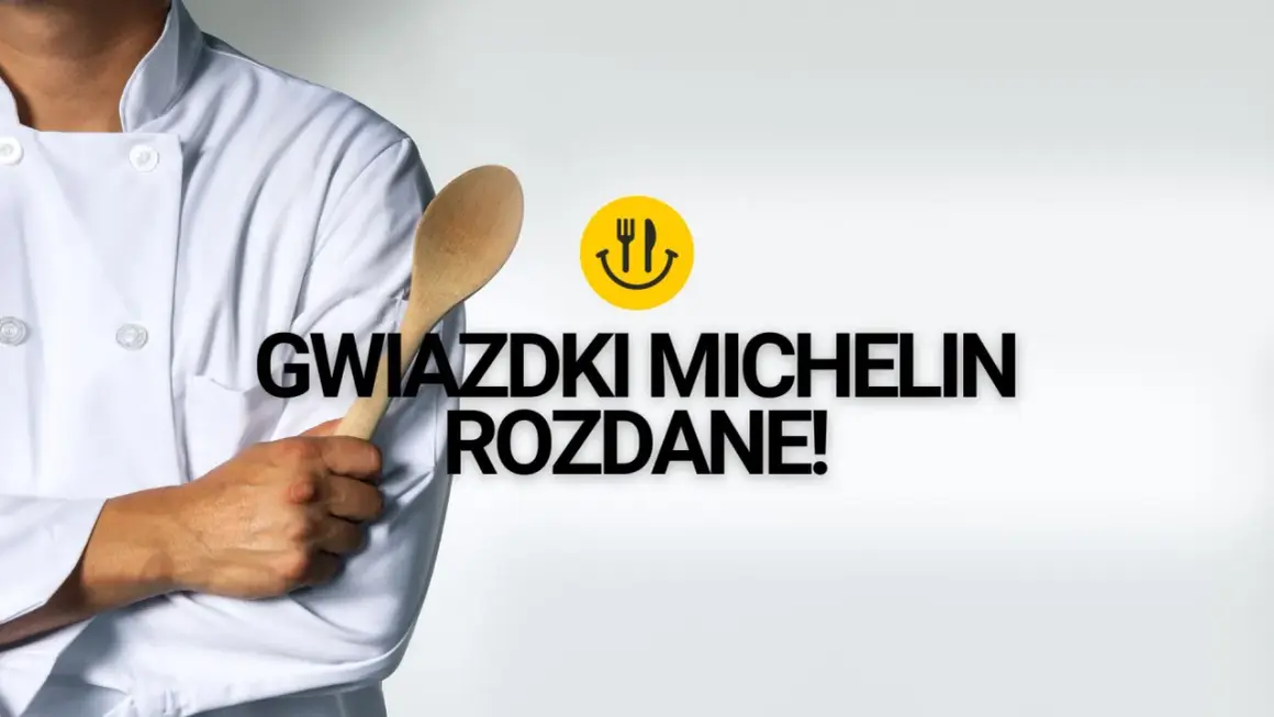 Szef kuchni z drewnianą łyżką i uśmiechniętą ikonką jedzenia. Gwiazdki Michelin rozdane! Polska kuchnia na światowym poziomie.