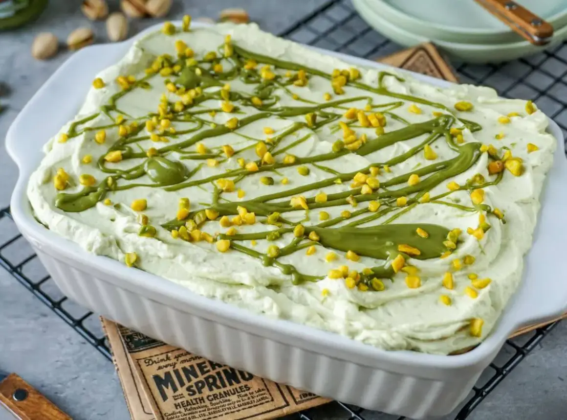 Cremiges Pistazien Tiramisu, verziert mit gehackten Pistazien und einer grünen Glasur, bereit zum Genießen.