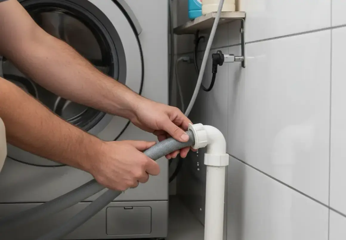 Mains de personne effectuant le branchement machine à laver, connectant le tuyau gris à un raccord blanc sur un tuyau d'évacuation vertical.