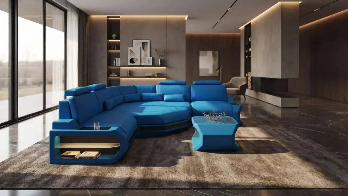 Ein luxuriöses Wohnzimmer mit einer auffälligen, blauen **conversation pit**-Sitzgruppe, die zum Entspannen einlädt.