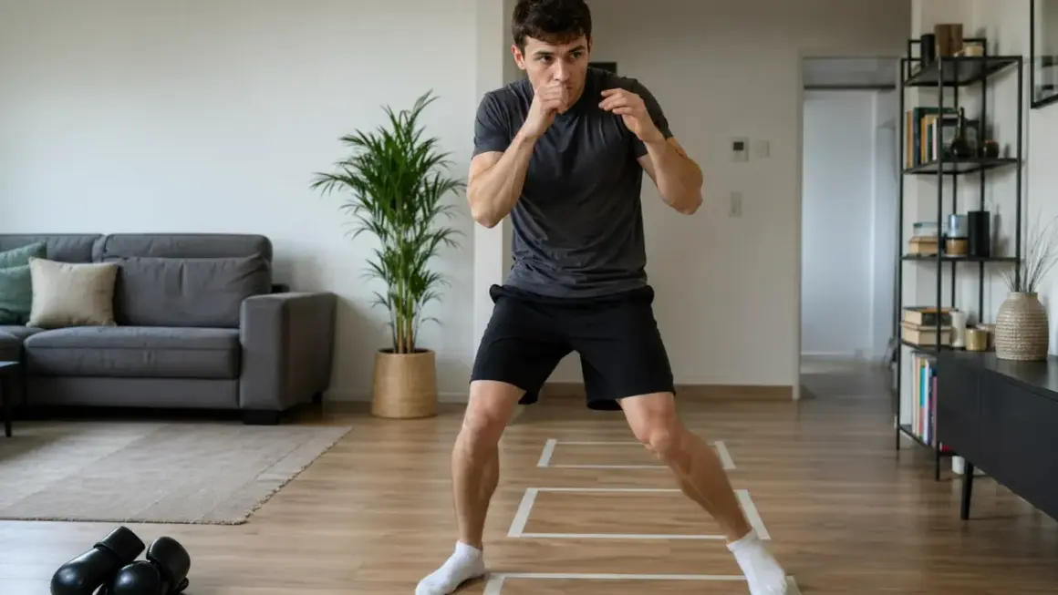 Man practicing boxing lateral movement in his living room, with boxing gloves on the floor.