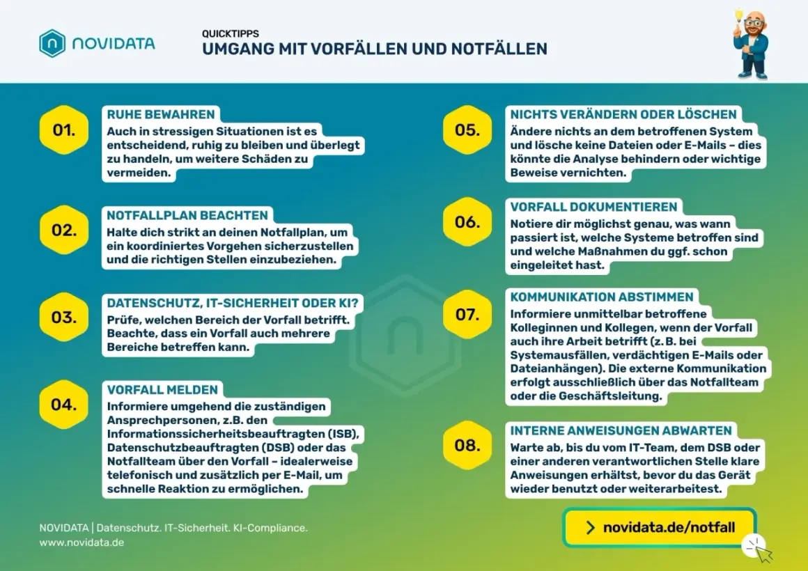 Checkliste für den Umgang mit Vorfällen: Ruhe bewahren, Notfallplan beachten, Vorfall melden. Wichtige Schritte für ein Unternehmen im Ernstfall.