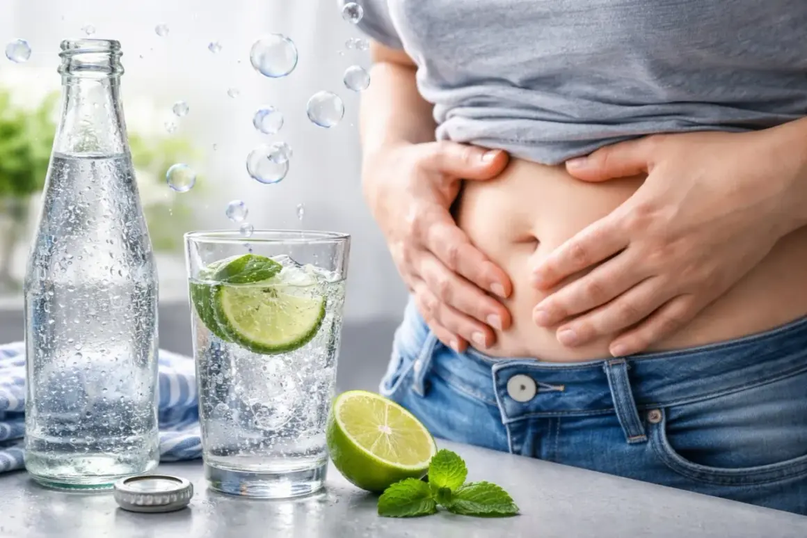 Une personne tient son ventre gonflé, à côté d'une bouteille et d'un verre d'eau gazeuse avec du citron et de la menthe. L'eau gazeuse peut parfois causer des gaz intestinaux.