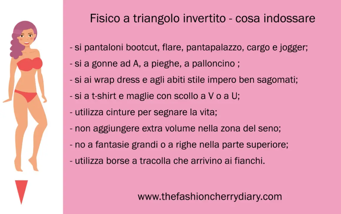 Consigli di stile per un fisico a triangolo invertito: pantaloni flare, gonne ad A, cinture per segnare la vita. Evita volumi sul seno.