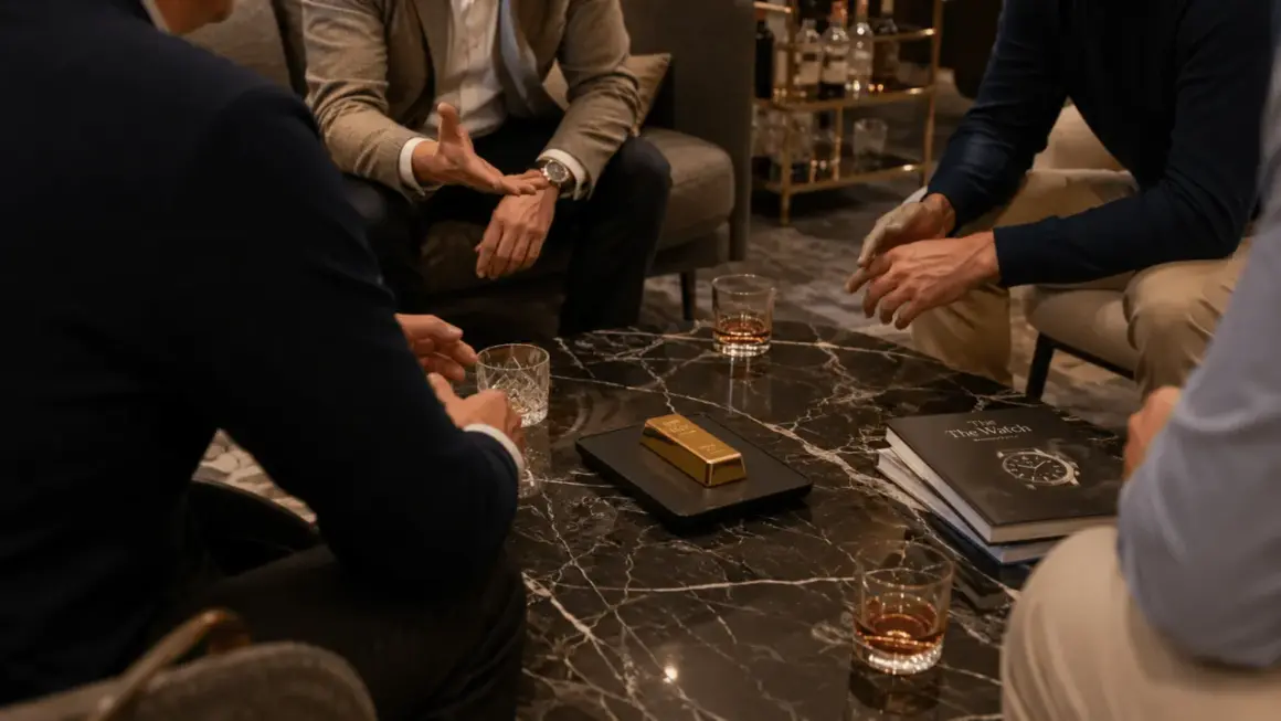 Mężczyźni w eleganckich strojach dyskutują przy stoliku, na którym leży sztabka złota. To symbol bogactwa i sukcesu, jak złoto c hafner.