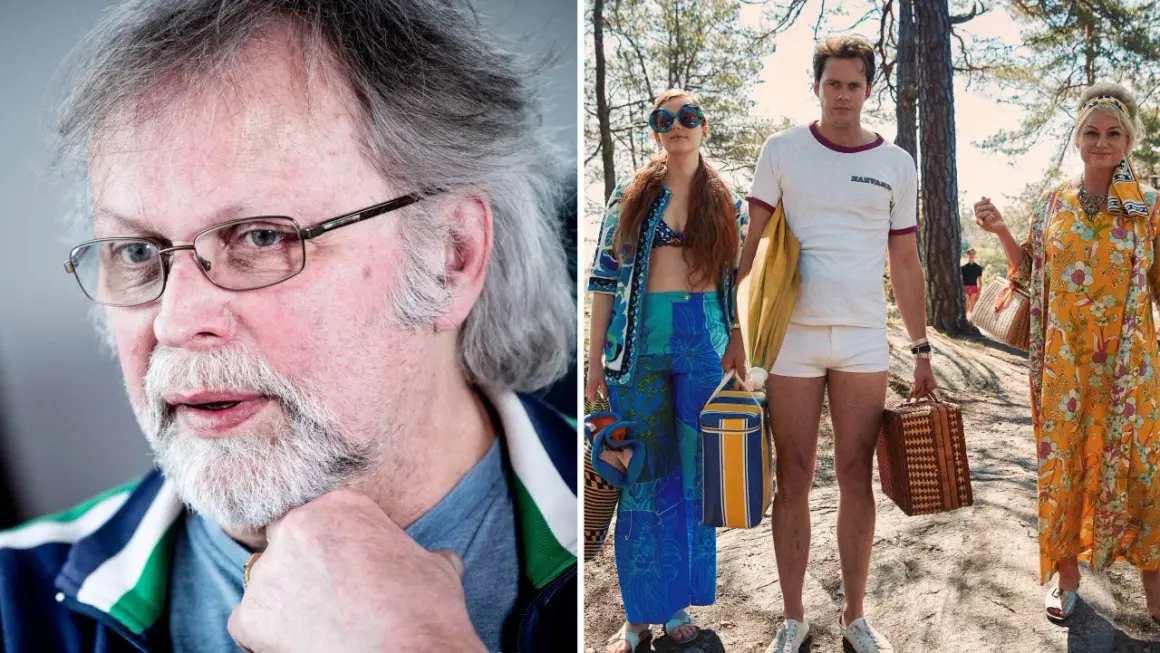 Porträtt av Marijke Demuynck bredvid en scen med tre personer i retrokläder.