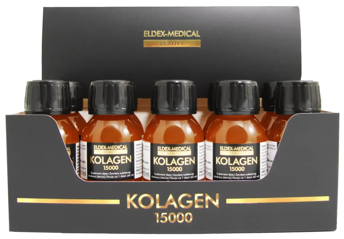 Zestaw sześciu buteleczek z płynnym hydrolizowanym kolagenem 15000 mg. Opakowanie z logo Eldex-Medical Beauty.