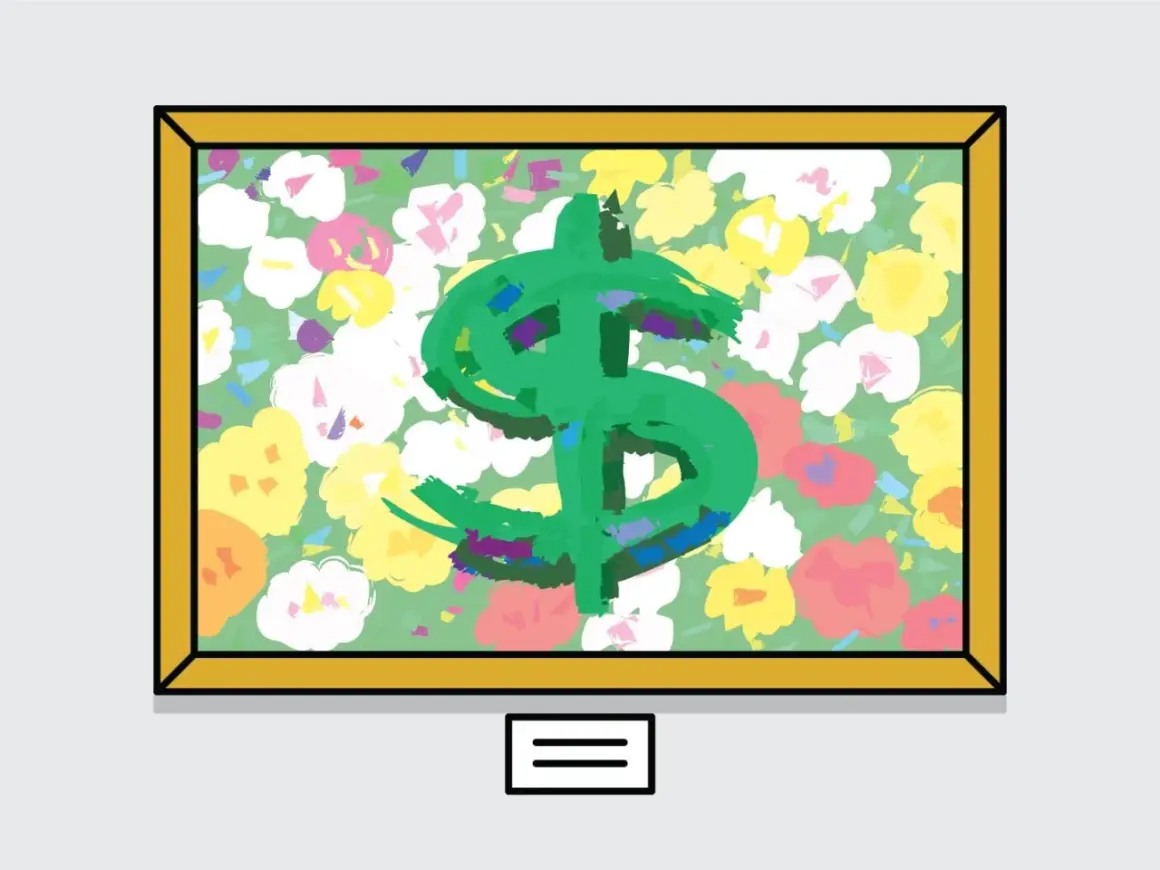 A painting of a green dollar sign on a floral background, framed in gold. This artwork reflects current art market trends, where symbols of wealth are often juxtaposed with nature.