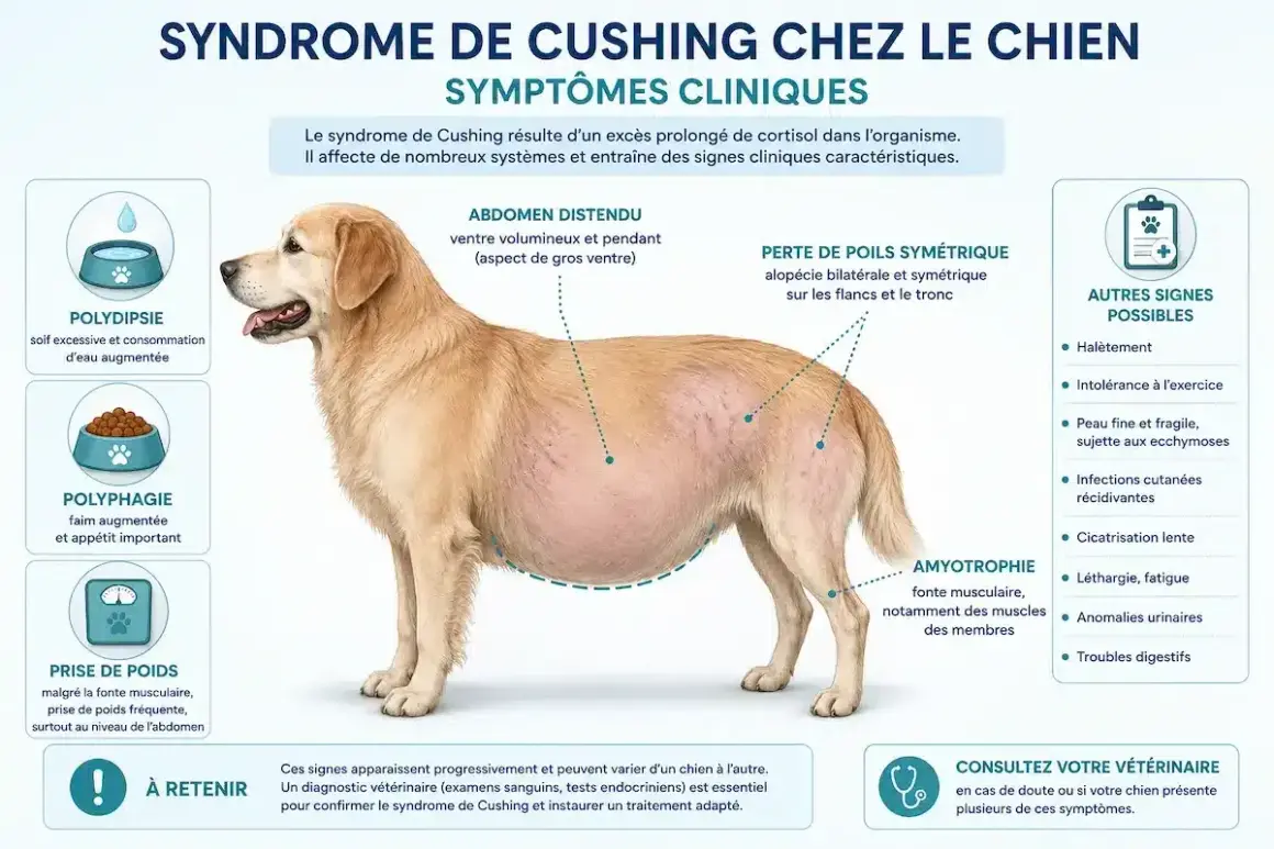 Chien atteint du syndrome de Cushing : abdomen distendu, perte de poils, polyphagie. Un diagnostic vétérinaire est essentiel pour la prise en charge et l'espérance de vie.