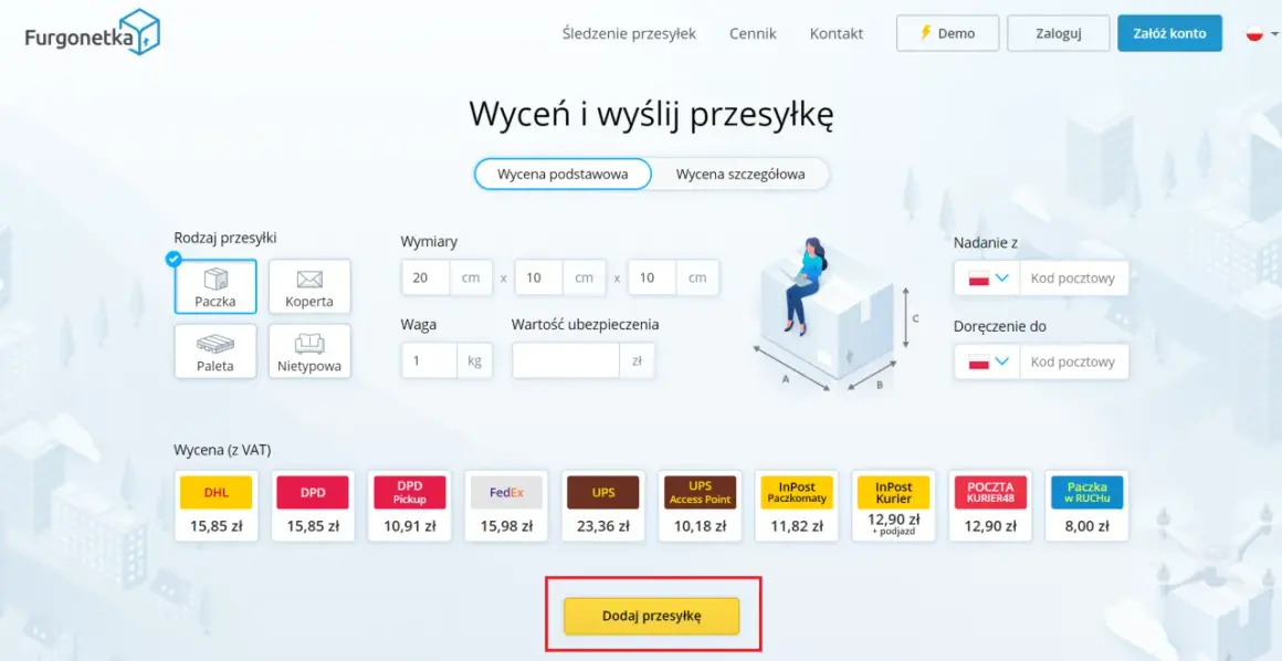 Formularz do wyceny i wysyłki paczki do Czech. Wybierz rodzaj przesyłki, podaj wymiary i wagę, a następnie wybierz przewoźnika.