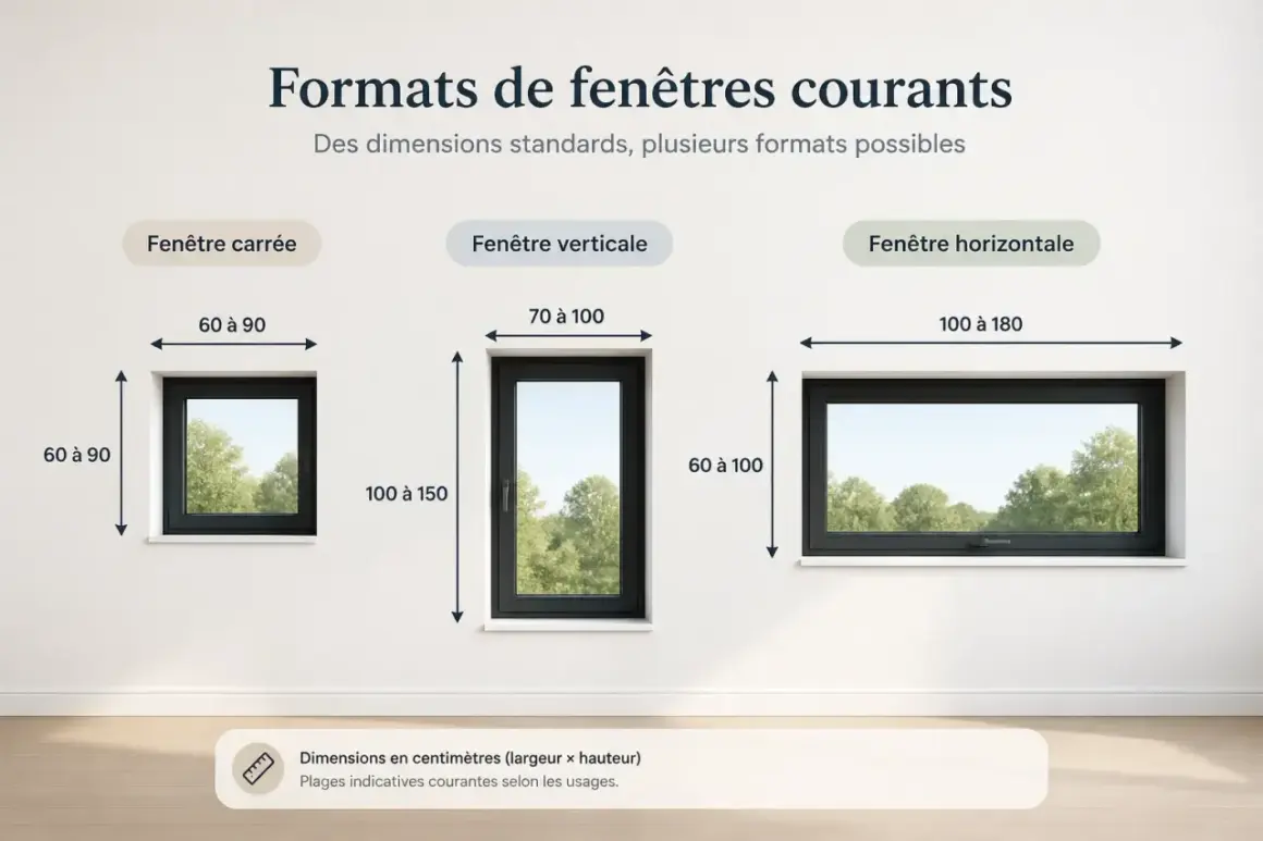 Comparaison de formats de fenêtres courants : carrée (60-90 cm), verticale (70-100 cm x 100-150 cm) et horizontale (100-180 cm x 60-100 cm).
