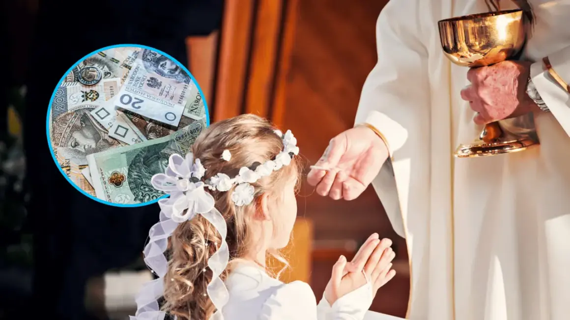 Dziecko przyjmuje komunię, a obok widać stos pieniędzy. Zastanawiasz się, ile daje się na komunię?