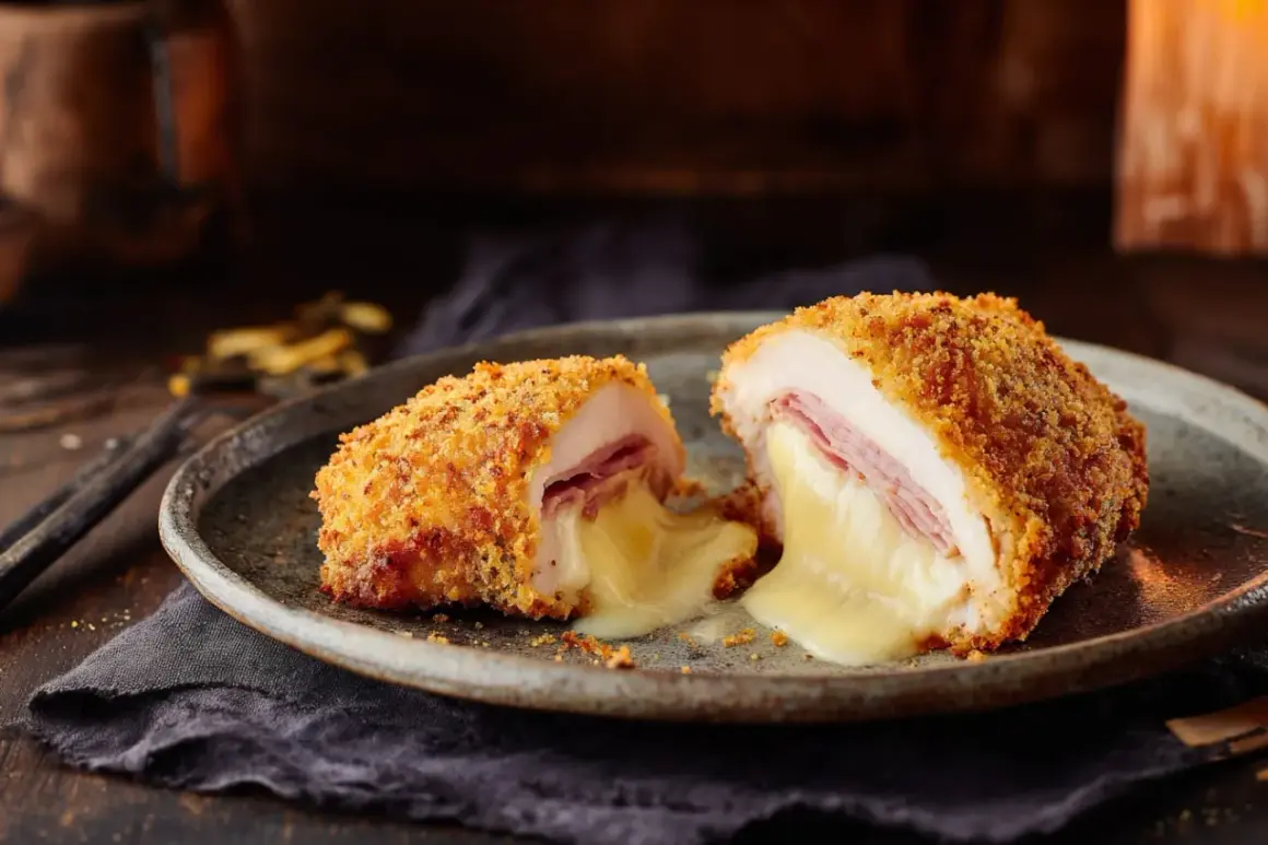 Un cordon bleu coupé en deux, révélant un fromage fondant et du jambon. Le secret d'un bon quel fromage pour cordon bleu réside dans sa texture crémeuse.