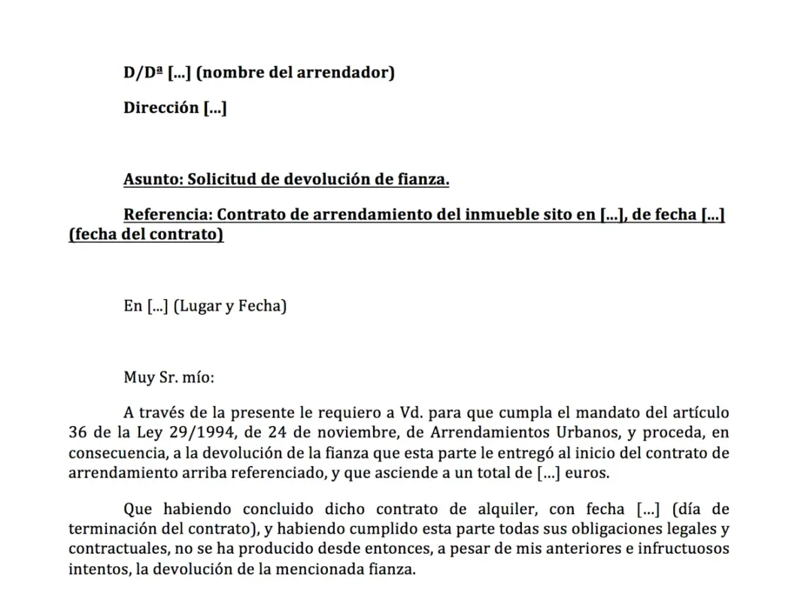 Solicitud de devolución de fianza de alquiler. El documento detalla la referencia del contrato y la petición formal para el retorno del depósito.