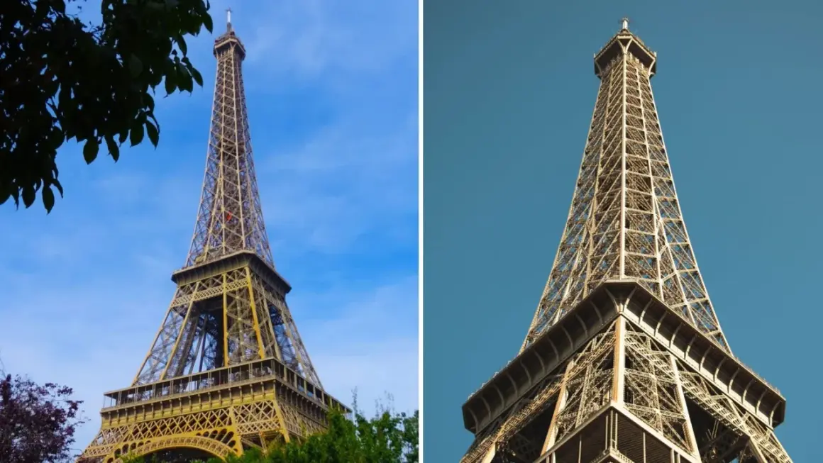 Deux vues de la **peinture Tour Eiffel** sous un ciel bleu. L'une est encadrée par des feuilles vertes, l'autre est un plan rapproché.
