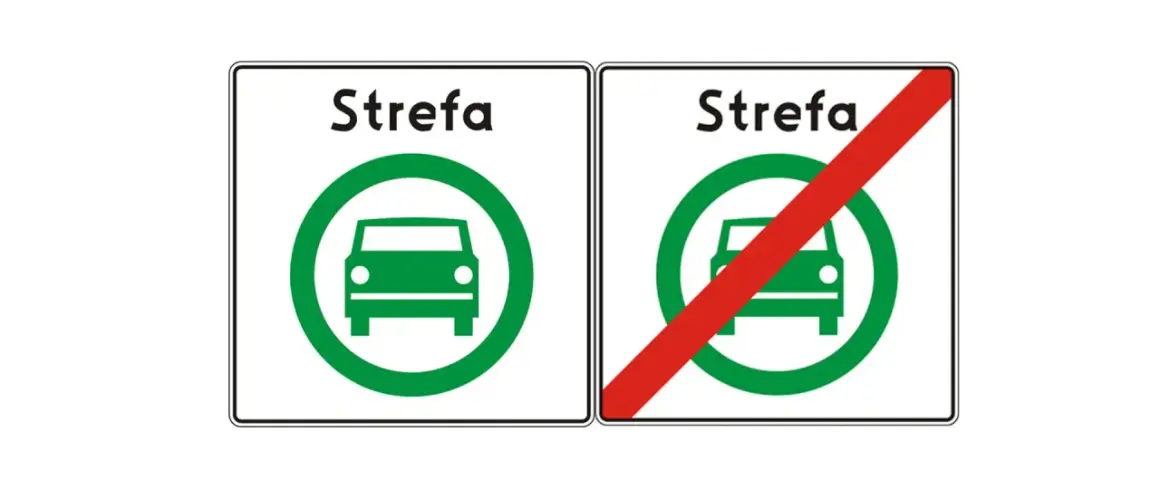 Nowe znaki drogowe: Strefa ruchu samochodowego i koniec strefy.