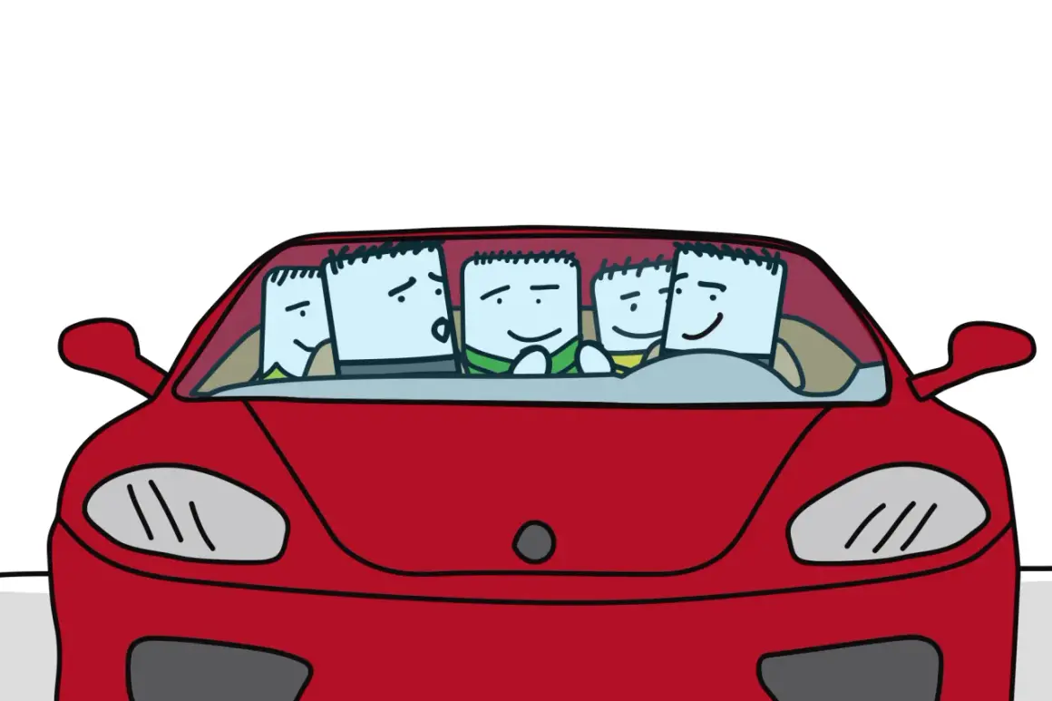 Six personnages s'entassent dans une voiture 5 places, un peu serrés mais souriants. Ils risquent une amende pour surpeuplement.