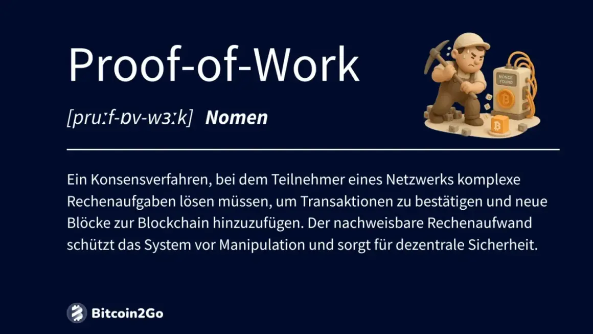 Ein Miner schürft mit Spitzhacke nach Bitcoin, um die **proof of work blockchain** zu sichern.