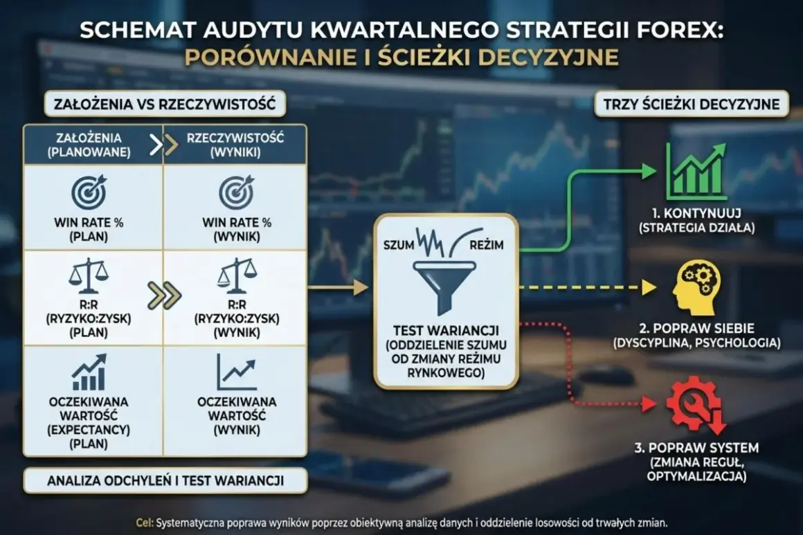 Schemat audytu strategii Forex: porównanie planu z wynikami, analiza odchyleń i ścieżki decyzyjne. Trader analizuje dane, by poprawić system.