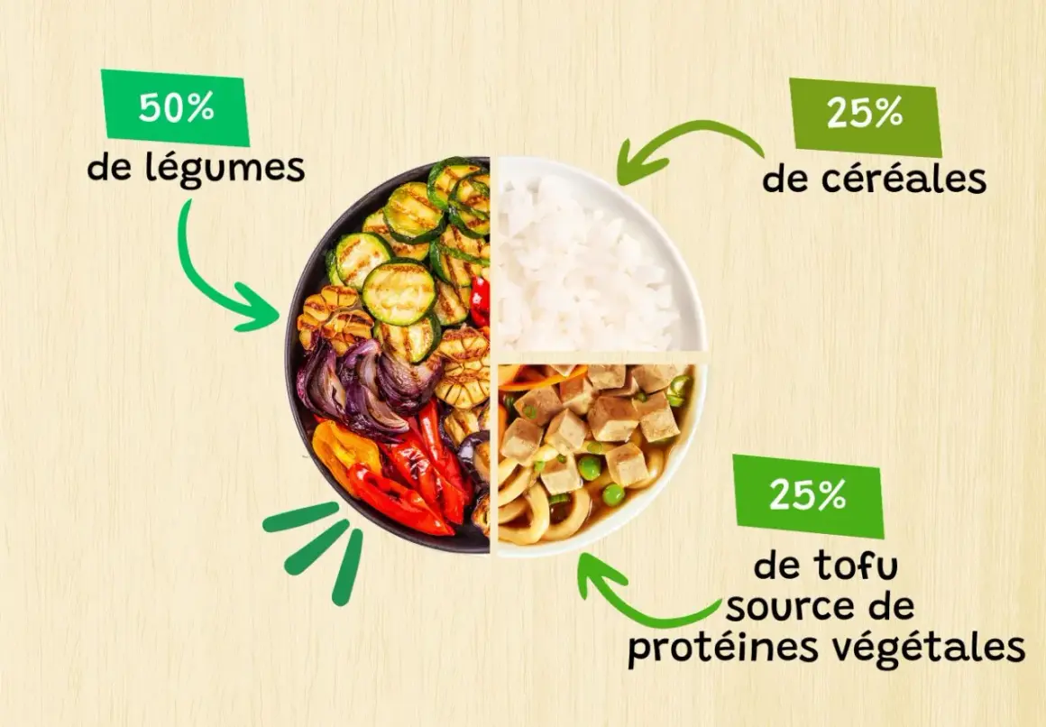 Un bol divisé en quatre : légumes grillés, riz, et tofu, une excellente source de protéines végétales.
