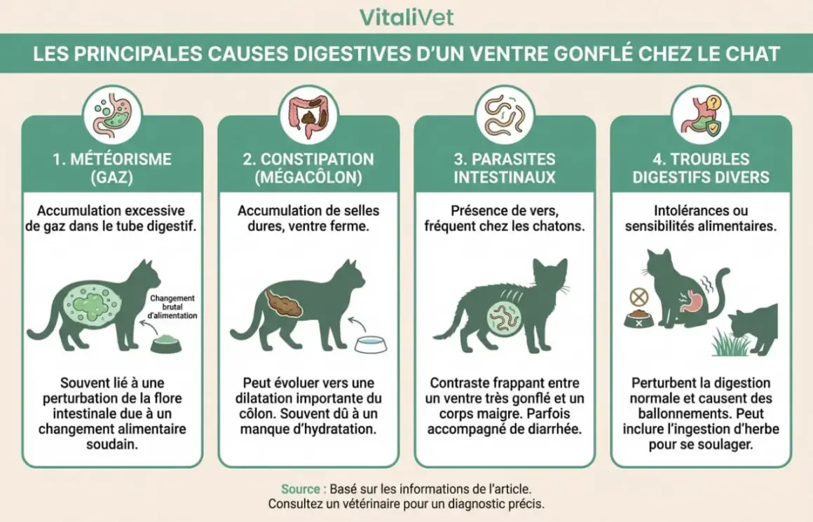 Infographie expliquant les causes d'un ventre gonflé chez le chat : gaz, constipation, parasites, ou troubles digestifs. Une tumeur peut aussi en être la cause.