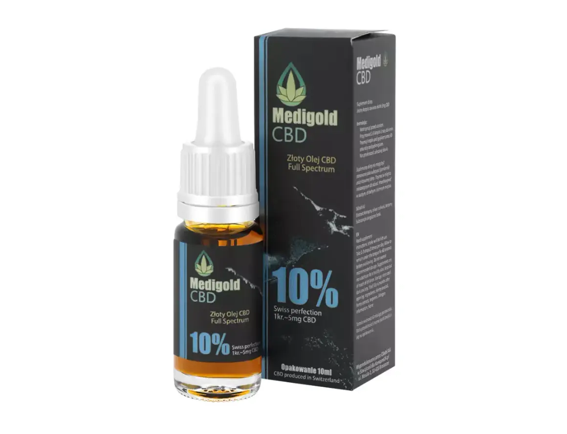 Złoty olej konopny Medigold CBD 10% w szklanej buteleczce z pipetą i kartonowym opakowaniu.