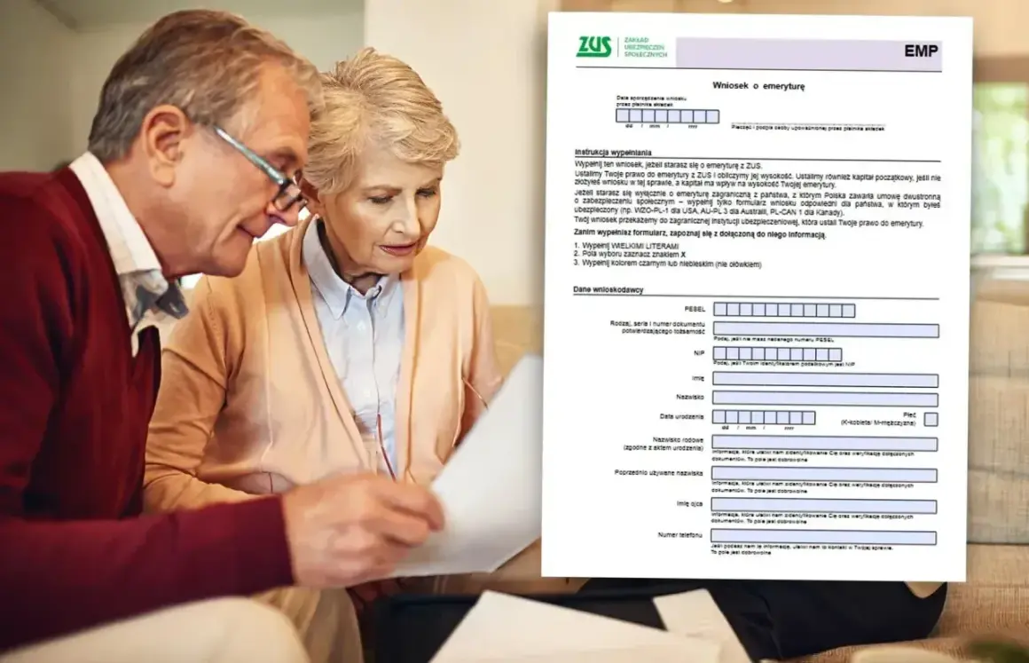 Starsze małżeństwo analizuje dokument "Wniosek o emeryturę" ZUS, przygotowując się do formalności związanych z przejściem na zasłużony odpoczynek.