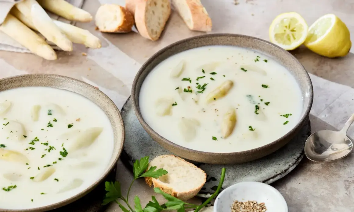Cremige Spargelsuppe aus Spargelschalen, garniert mit Petersilie. Dazu Baguette und Zitronenspalten.