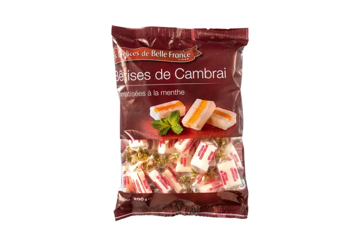 Bolsa de Bêtises de Cambrai, caramelos de menta con un toque de naranja, envueltos individualmente.