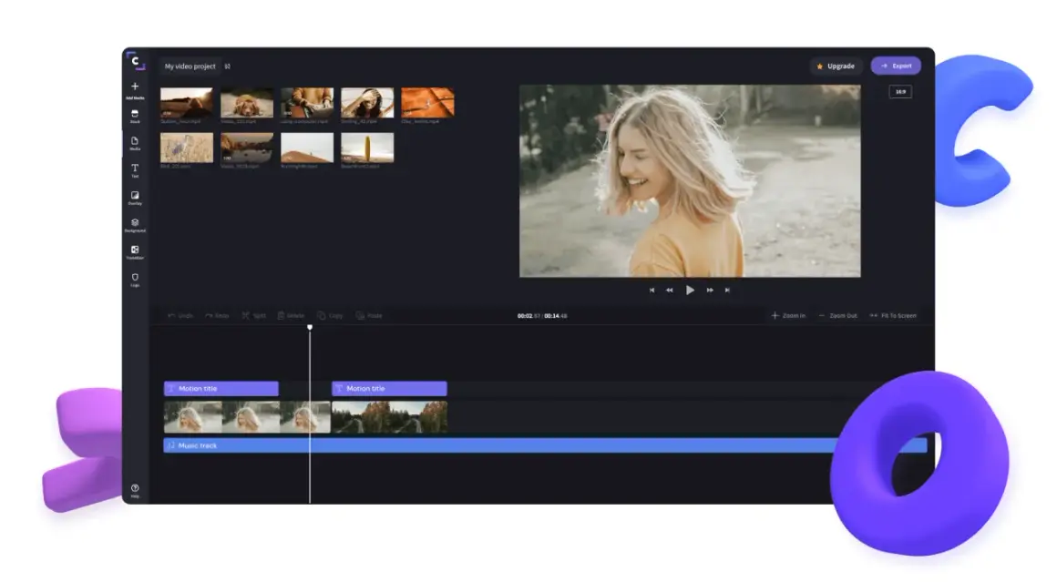 Interfejs aplikacji do montowania filmów z podglądem wideo i ścieżkami wideo oraz muzyki.