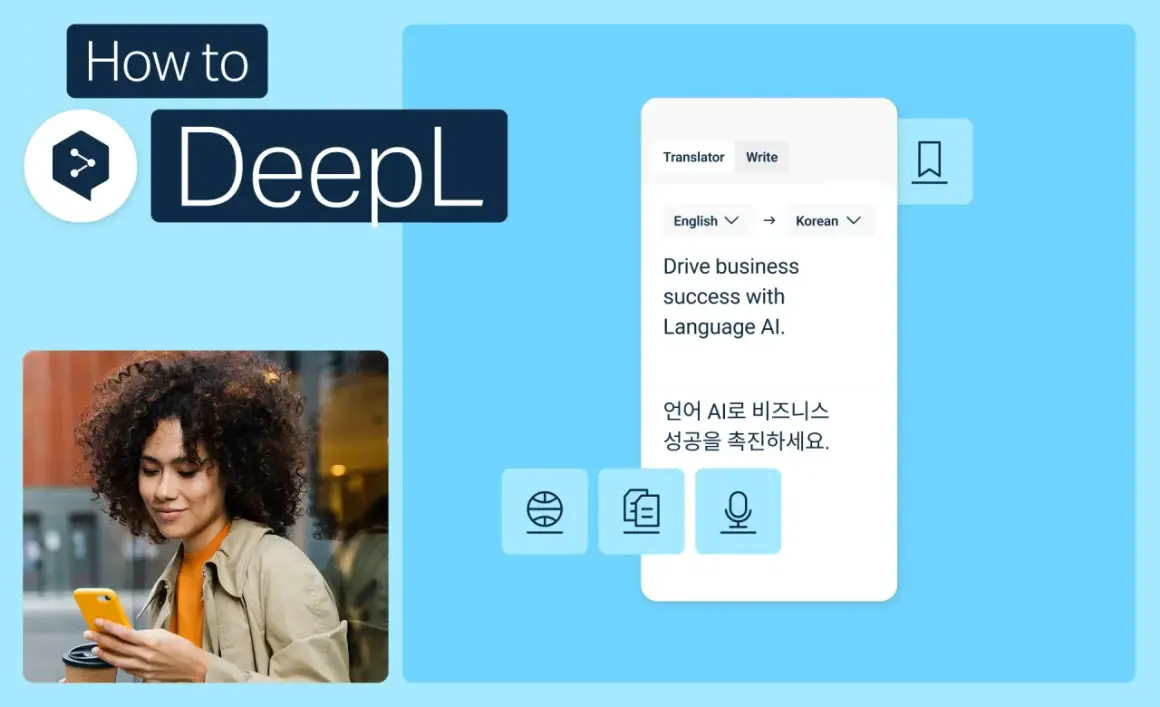 Kobieta z telefonem w ręku korzysta z translatora DeepL, który tłumaczy tekst z angielskiego na koreański, pomagając w rozwoju biznesu.