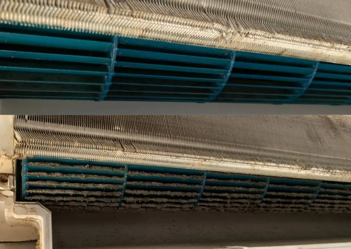Comparaison avant/après nettoyage de l'évaporateur de climatisation. La poussière s'est accumulée sur les ailettes, réduisant l'efficacité.