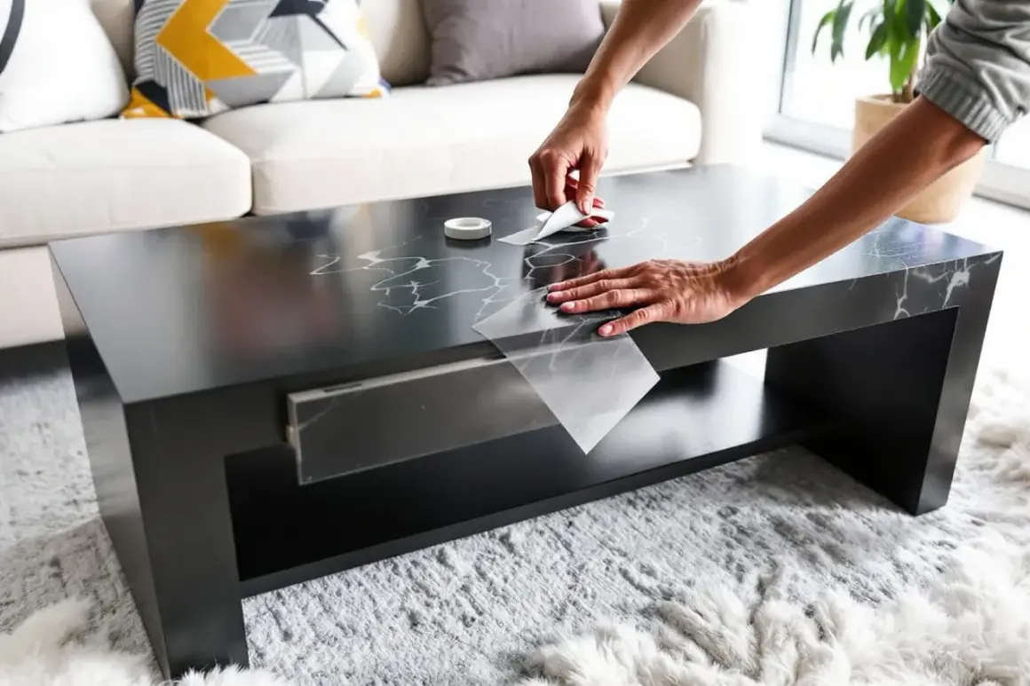 Une personne relooker table basse avec carrelage adhésif effet marbre. Le résultat est élégant et moderne.