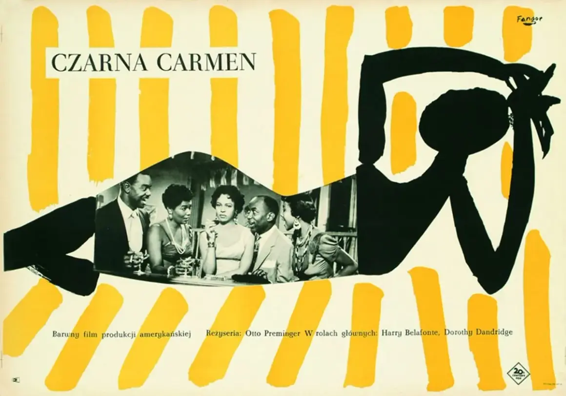 Plakat filmowy "Czarna Carmen" w stylu polskiej szkoły plakatu. Stylizowane czarne postacie na tle żółtych pasów, z fragmentem czarno-białego zdjęcia aktorów.