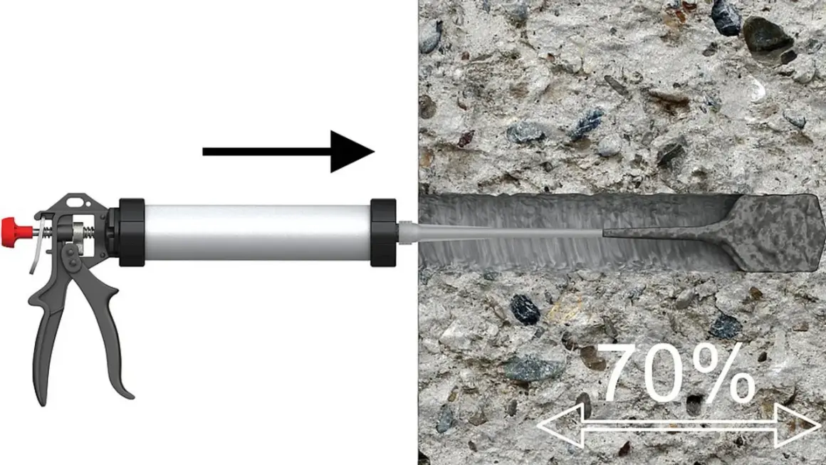Pistolet do kotwy chemicznej aplikuje masę do otworu w betonie.